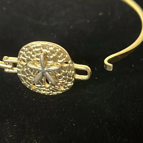 Gold Tone and Silver Hammered Sand Dollar Hook Bangle Bracelet - Picture 3 of 5